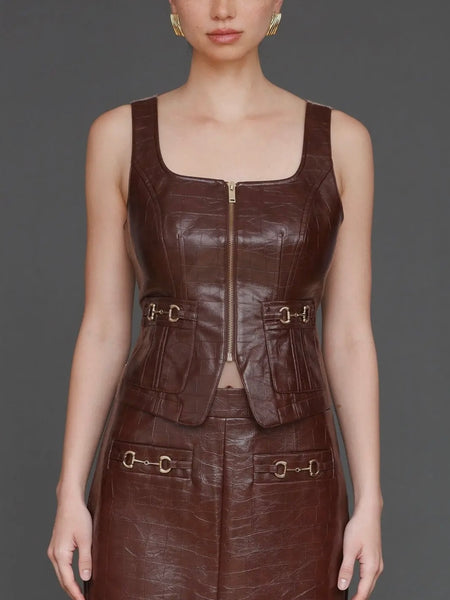 Equestrian Faux Croc Vest Top in Chocolate