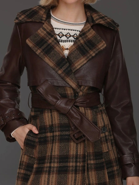 Plaid Mixed Media Faux Leather Trench in Multi