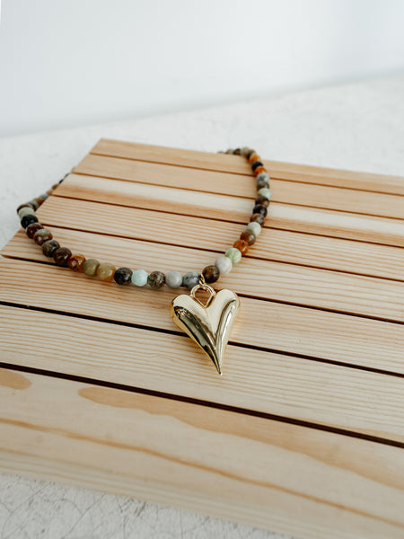 8mm Gemstone Puff Heart Necklace in Autumn Mix
