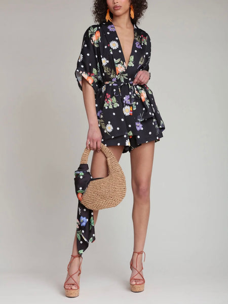 Floral Polka Dot Satin Kimono Top in Black