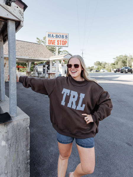 Custom Embroidered Gingham TRL Mock Neck in Brown