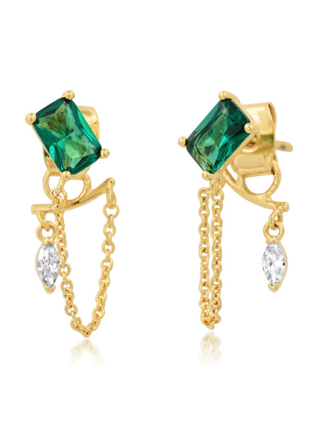 Emerald Stud CZ Chain Dangle Earrings
