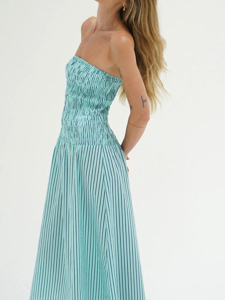 Kapaia Strapless Dress in Teal Stripe