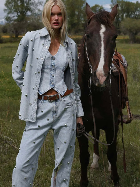 Studded Denim Shirt Jacket in Fjord Wash