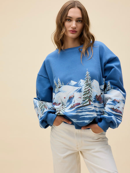 Alpine Ski Scene Oversized Crew Sweatshirt in Denim