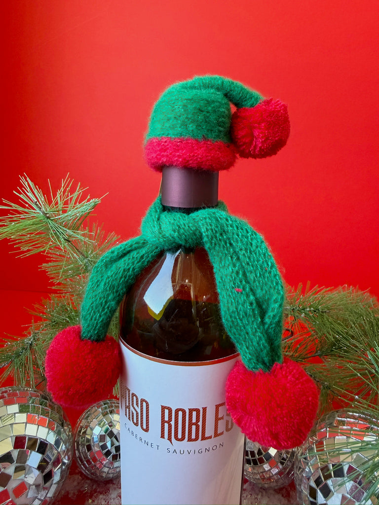 Bottle Hat & Scarf in Green & Red Pom
