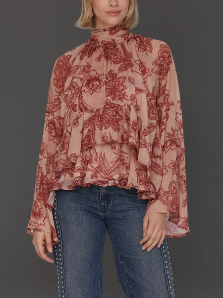 Tapestry Print Chiffon Ruffle Blouse in Batik Tapestry