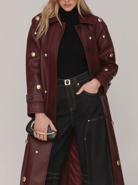 Studded Faux-Ever Leather Trench Coat in Mulberry