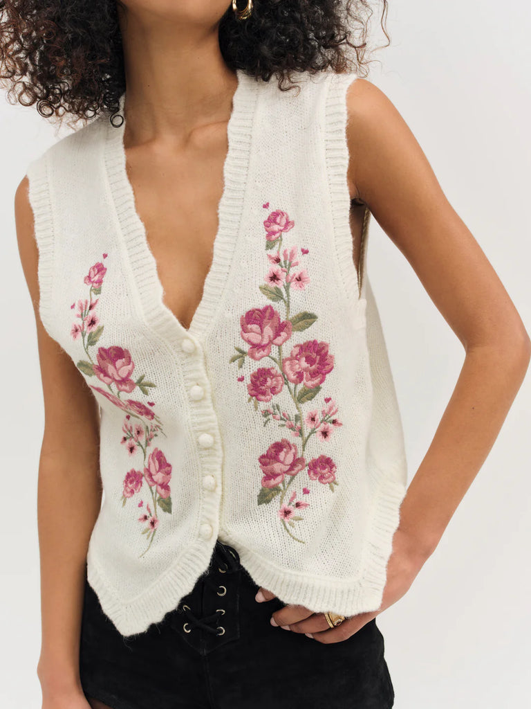 Molly Embroidered Sweater Vest in Cream
