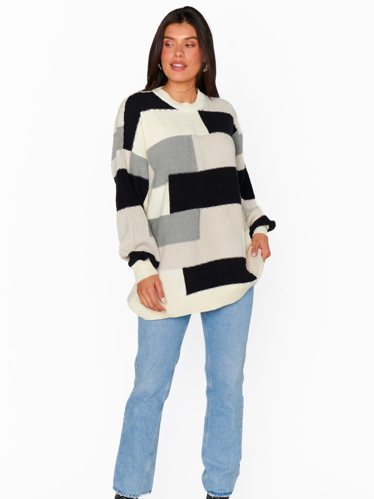 Ember Tunic Sweater in Grey Patchwork Knit