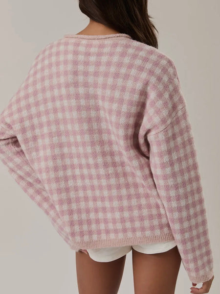 Get With Gingham Henley Sweater in Pink