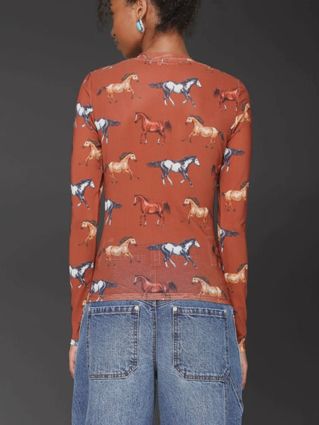 Equine Printed Mesh Long Sleeve Top in Stampede