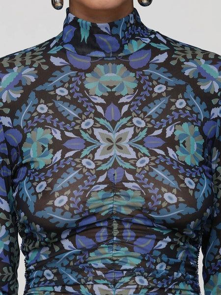 Printed Mesh Mock Neck Top in Dark Alpine