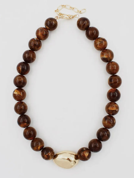 Gold Nugget Beaded Necklace in Brown