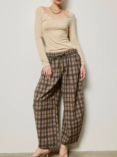 Pursuing Plaid Barrel Pants in Brown