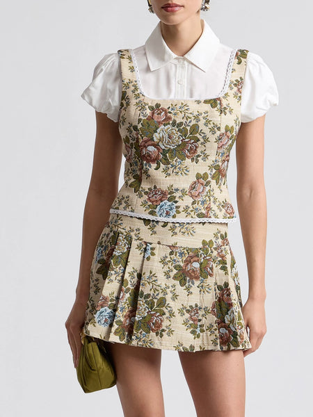 Floral Brocade Lace Trim Top in Taupe