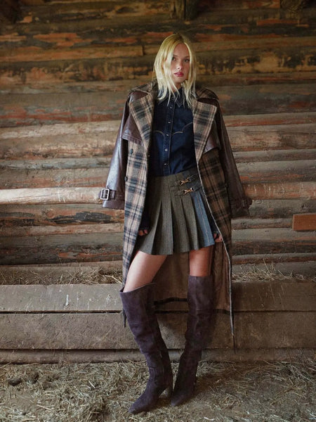Plaid Mixed Media Faux Leather Trench in Multi