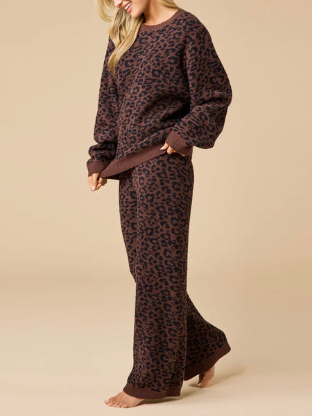 Marshmallow Leopard Crew Neck Lounge Set in Wild Espresso