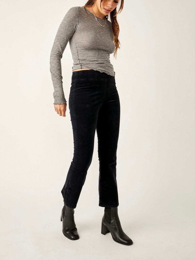 In My Feelings Velvet Crop Slim Flare Pants in Black