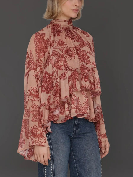 Tapestry Print Chiffon Ruffle Blouse in Batik Tapestry