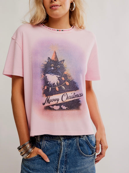 Merry Meowy Tee in Pink Combo