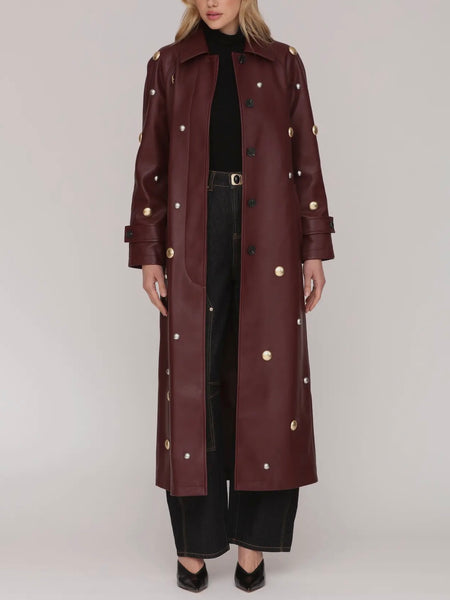 Studded Faux-Ever Leather Trench Coat in Mulberry