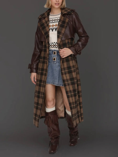 Plaid Mixed Media Faux Leather Trench in Multi
