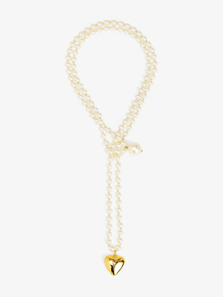 Puffed Heart Pearl Lariat Necklace in Pearl
