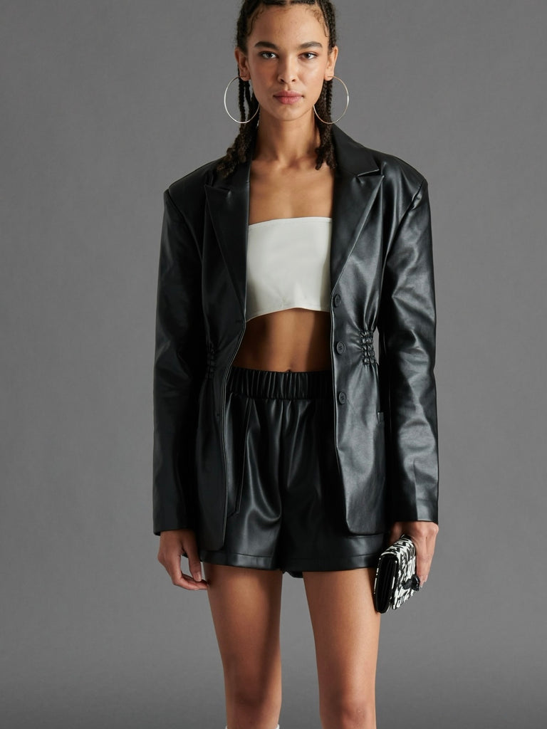 Frida Faux Leather Blazer in Black