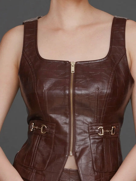 Equestrian Faux Croc Vest Top in Chocolate