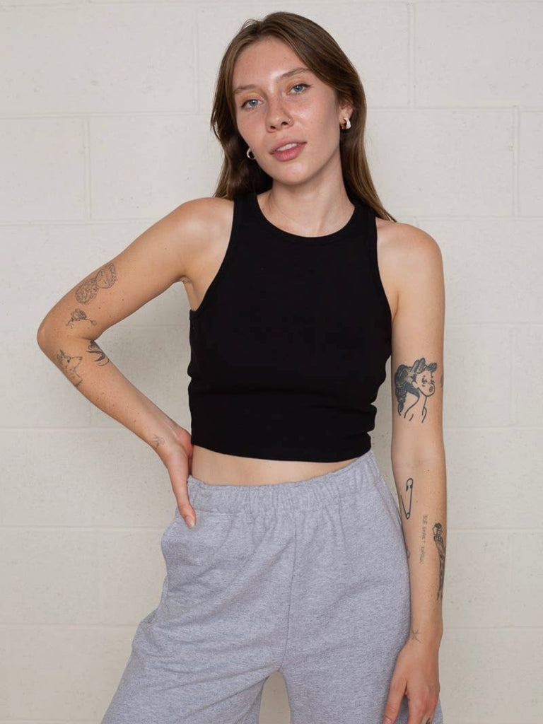 Hi Neck Crop Tank in Black
