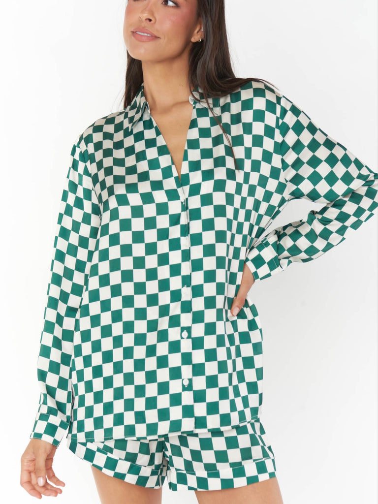 Early Riser PJ Set in Green Checker Silky