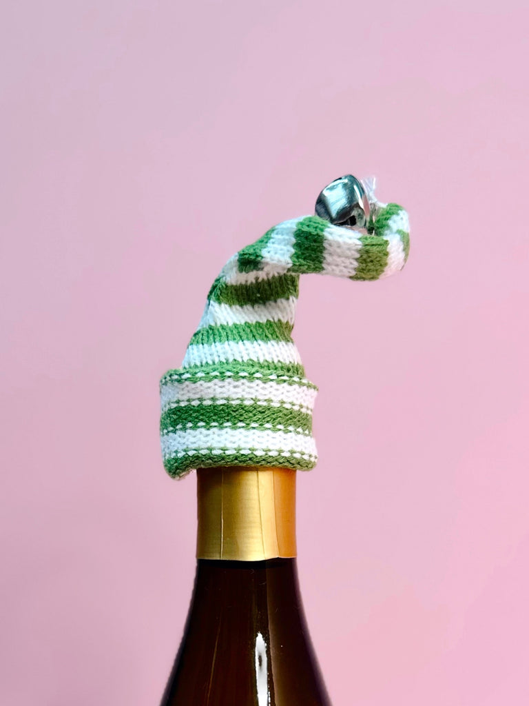 Knit Hat Bottle Topper in Mint & White Bell