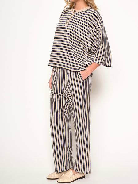 Dora Stripe Top in Navy & Taupe