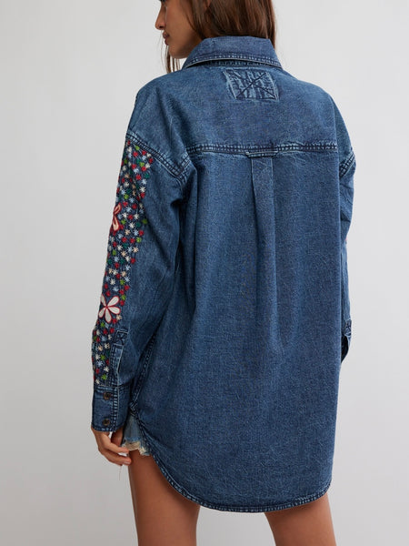Rainbow Embroidered Denim Shirt in Rinse Wash