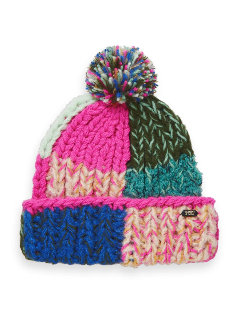 Hand Knit Bobble Hat in Pink & Green