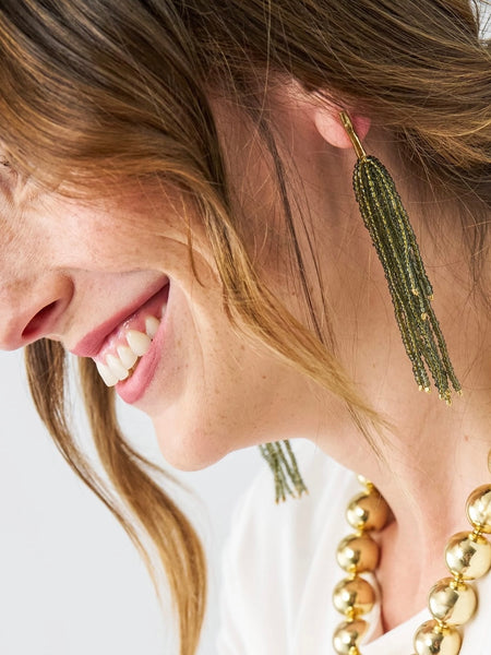 Marissa Bead Fringe Earrings in Olive
