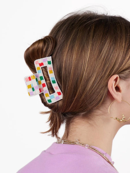 Lola Beaded Claw Clip in Light Check