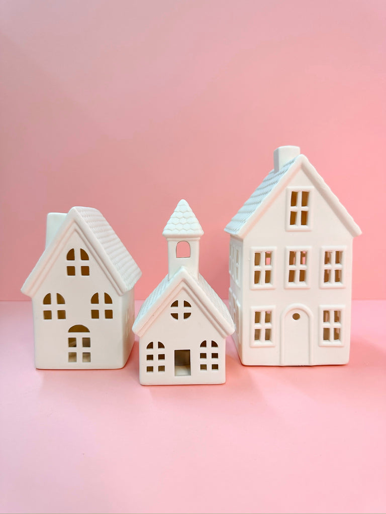 Stoneware Bisque Light Up Houses in Chapel Set of 3