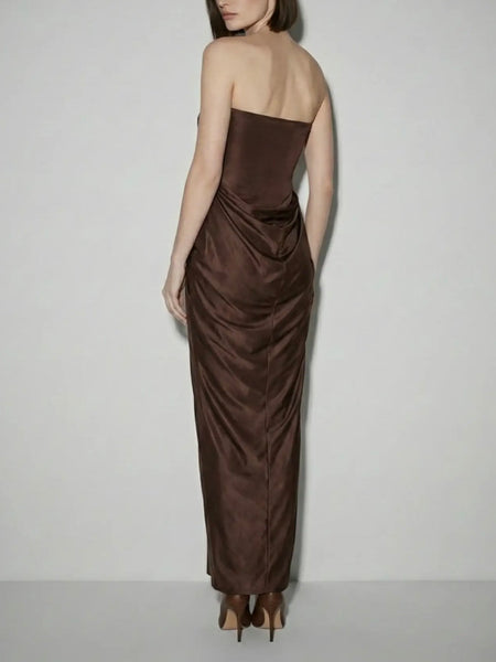 Liquid Mousse Shirred Dress in Brown