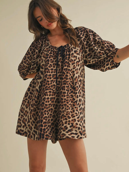 So Spotted Puff Sleeve Romper in Leopard