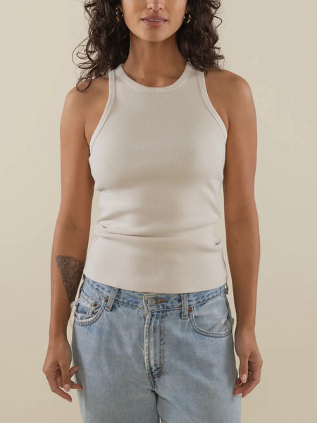 Sara High Neck Rib Tank in Bone