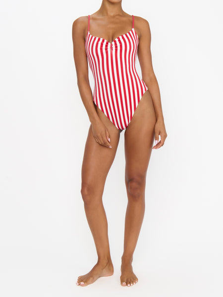Bells Beach One Piece in Red Stripe Contour Scrunch