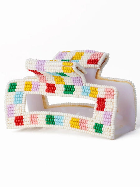 Lola Beaded Claw Clip in Light Check