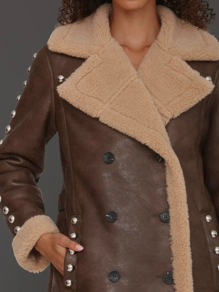 Studded Faux Shearling Coat in Brandy