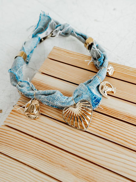 Bandana Charm Choker in Denim & Gold Heart