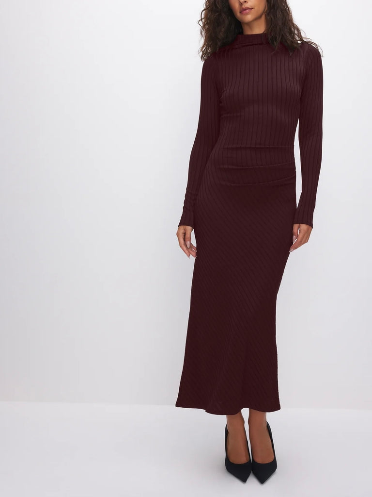 Shine Rib Funnel Tuck Midi Dress in Malbec