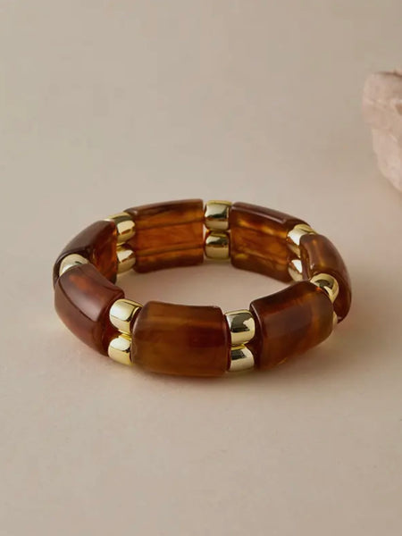 Resin & Gold Stretch Bracelet in Brown