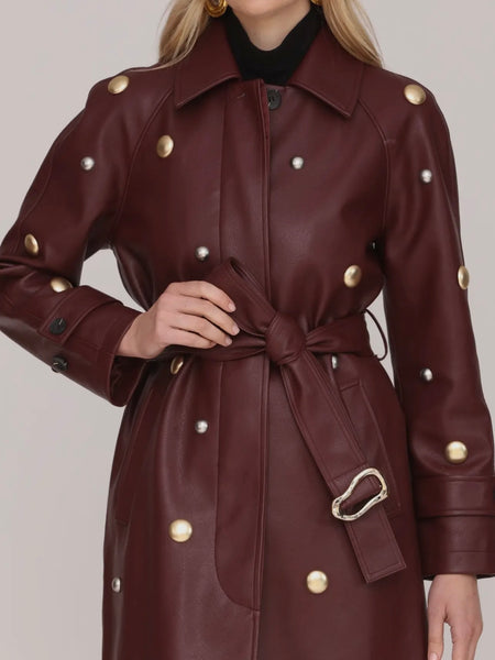 Studded Faux-Ever Leather Trench Coat in Mulberry