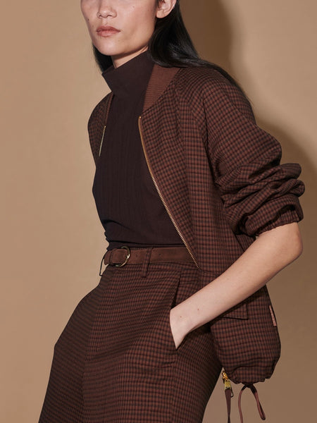 Keagan Short Blouson Jacket in Dark Cocoa Mini Check
